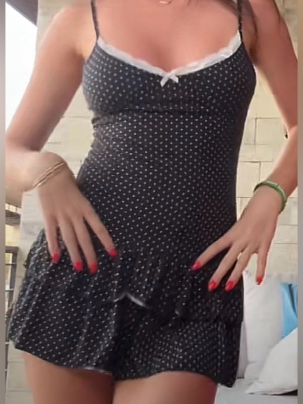 Edikted Black Polka Dot Mini Slip Dress with Lace Trim